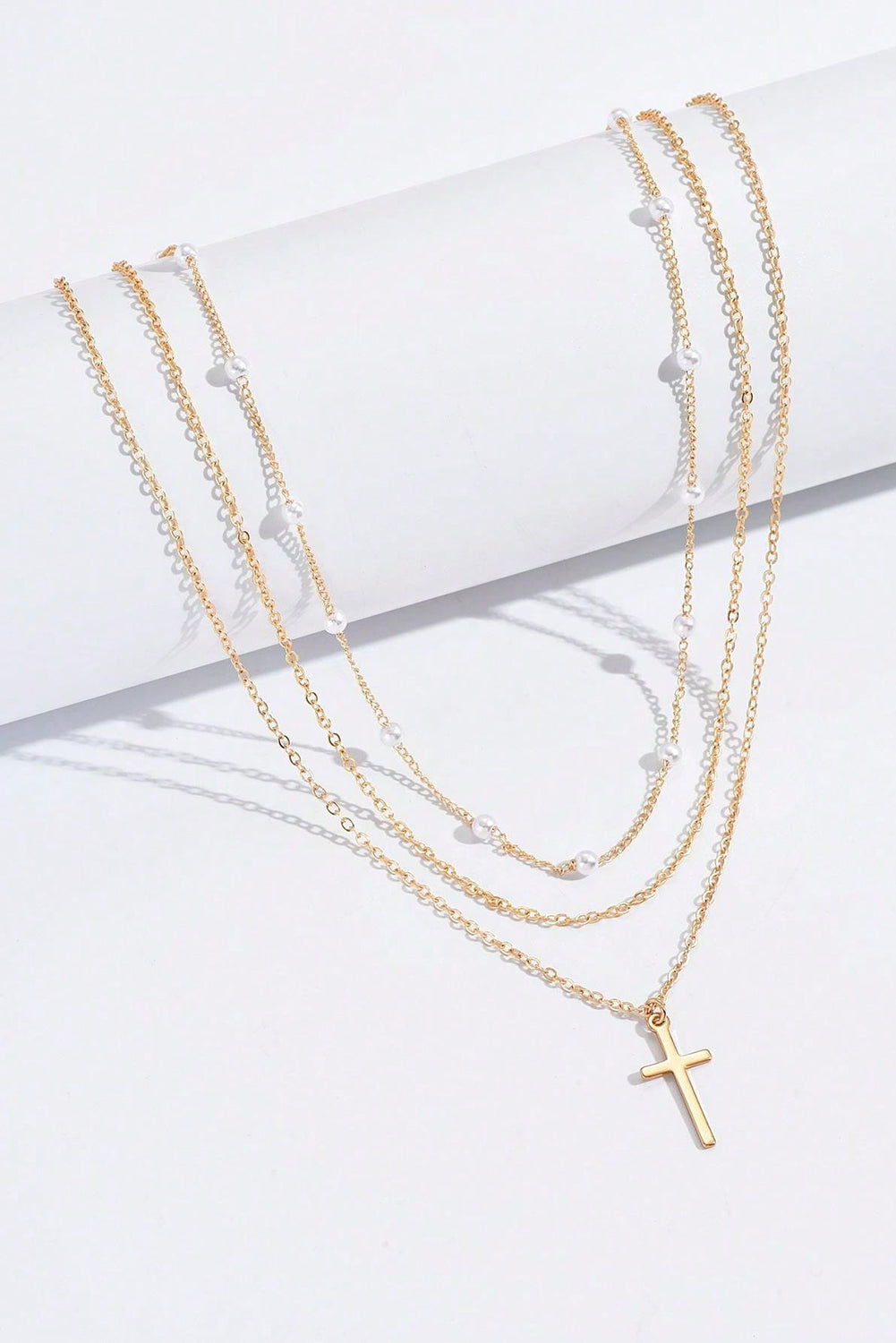 Gold Retro Multi-Layer Pearl and Cross Pendant Necklace Set