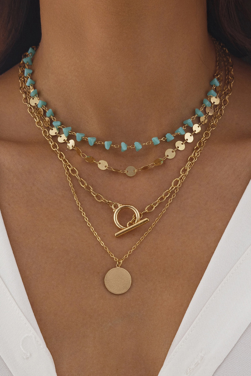 Gold Boho Circle Pendant Multi-Layered Necklace Set