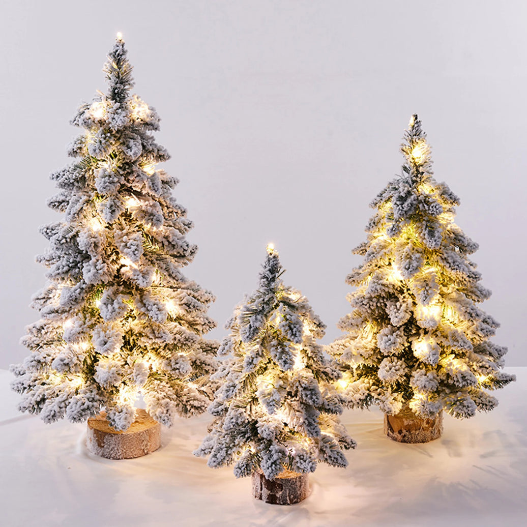 45cm Mini Christmas Tree with Snowflakes Flocked Tabletop Decor Lighted Xmas Tree with Wooden Base for Home Office Party Holiday