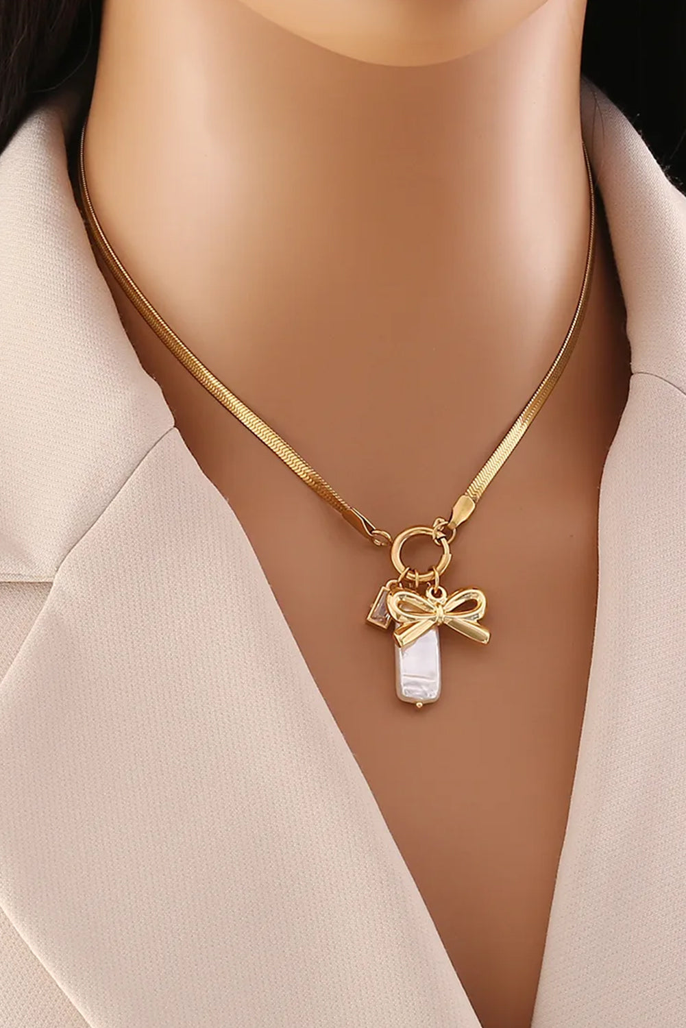 Gold Bow Charm Snake Chain Necklace