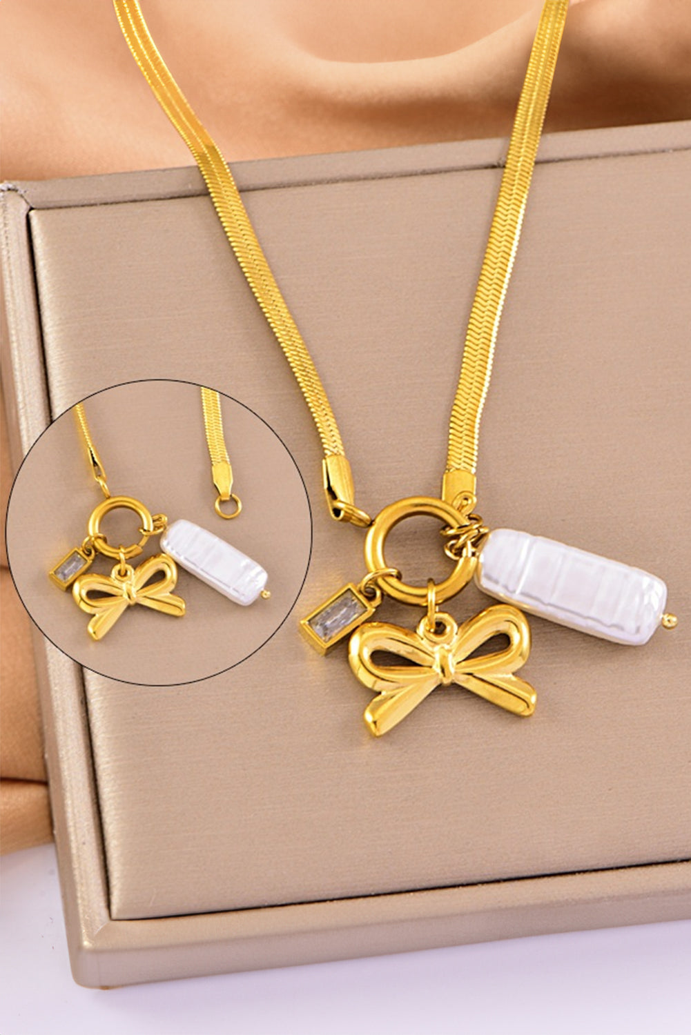 Gold Bow Charm Snake Chain Necklace