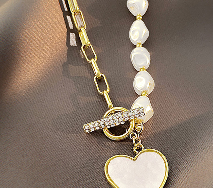Gold Heart Shape Pendant Rhinestone Pearl Chain Necklace