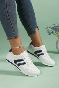 White PU Leather Striped Lace Up Casual Sneakers