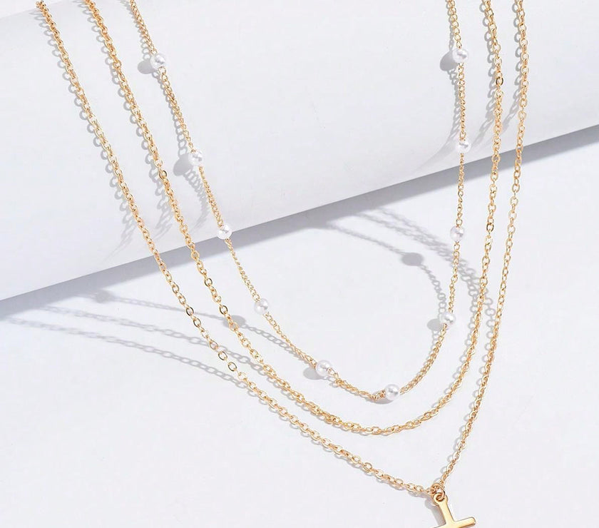 Gold Retro Multi-Layer Pearl and Cross Pendant Necklace Set