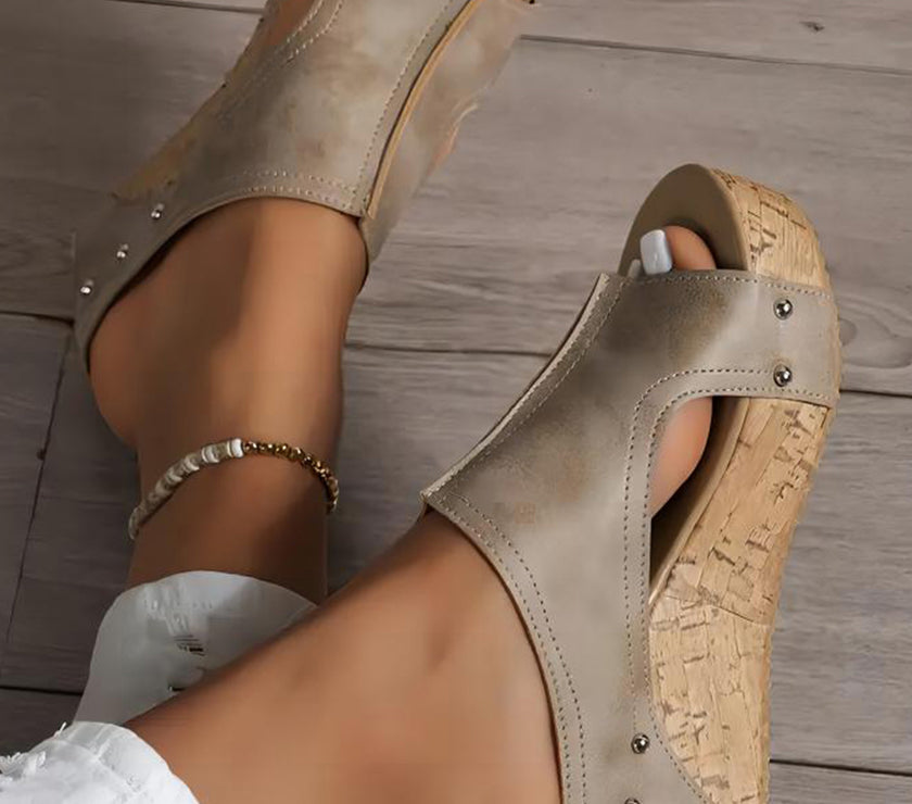 Gray Hollow Out Studded PU Leather Wedge Slides Shoes