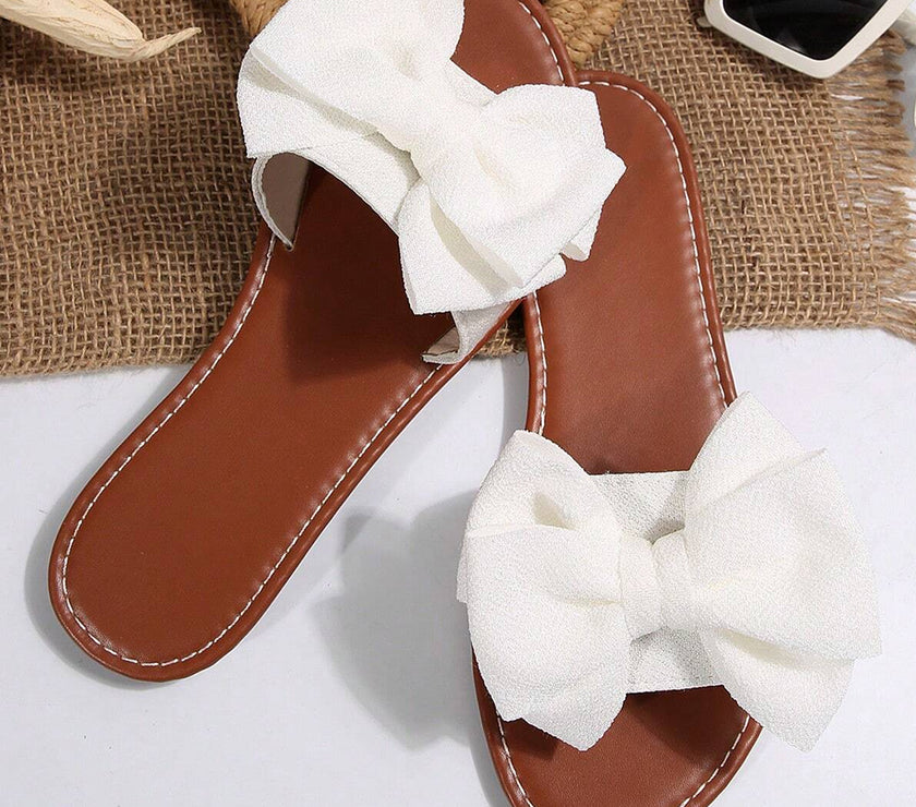 White Bow Decor Flat Slippers