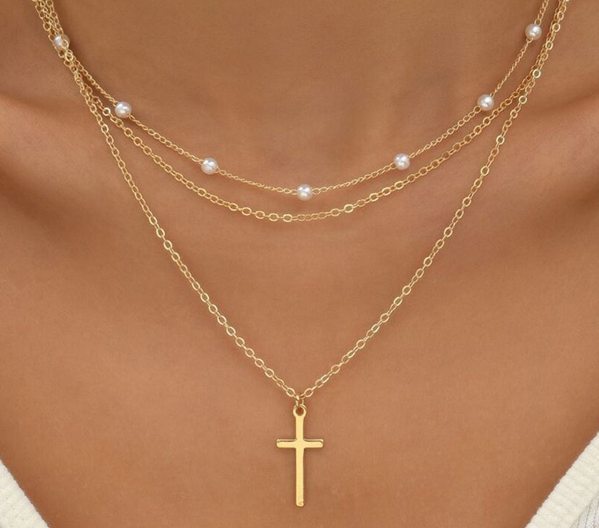 Gold Retro Multi-Layer Pearl and Cross Pendant Necklace Set