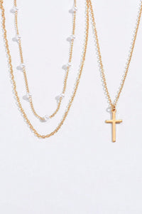Gold Retro Multi-Layer Pearl and Cross Pendant Necklace Set