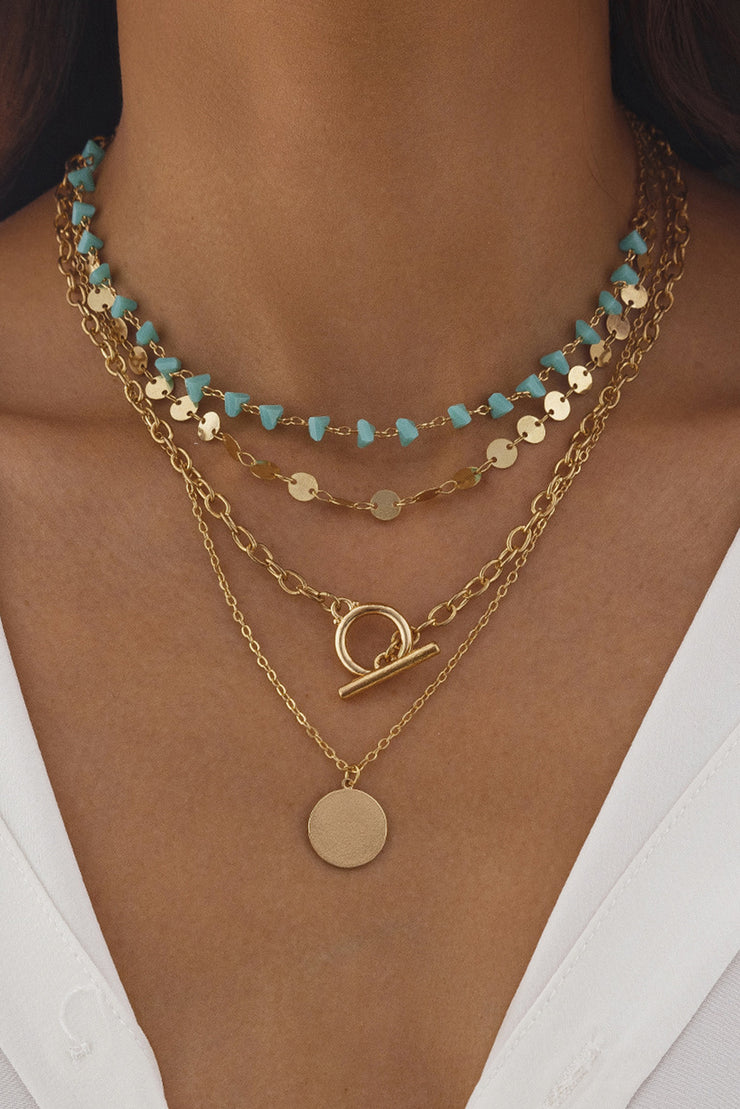 Gold Boho Circle Pendant Multi-Layered Necklace Set