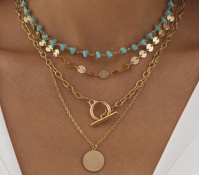 Gold Boho Circle Pendant Multi-Layered Necklace Set