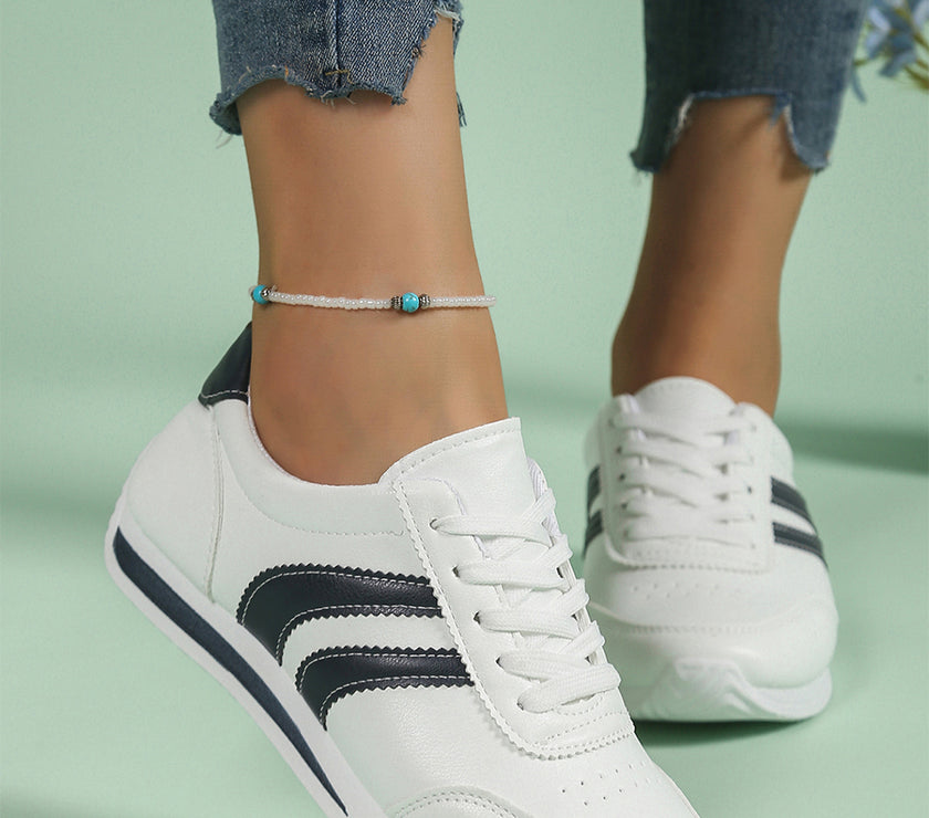 White PU Leather Striped Lace Up Casual Sneakers