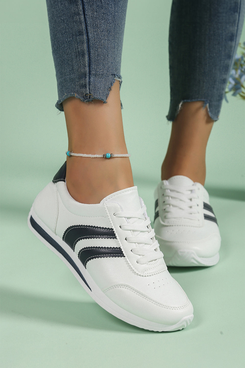 White PU Leather Striped Lace Up Casual Sneakers