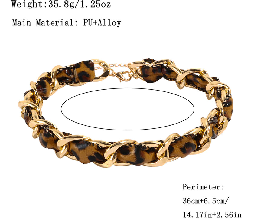 Cinnamon Leopard Print PU Chain Choker Necklace
