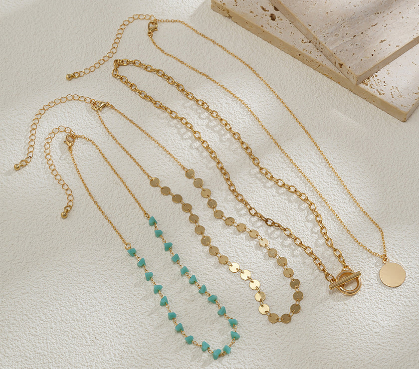 Gold Boho Circle Pendant Multi-Layered Necklace Set