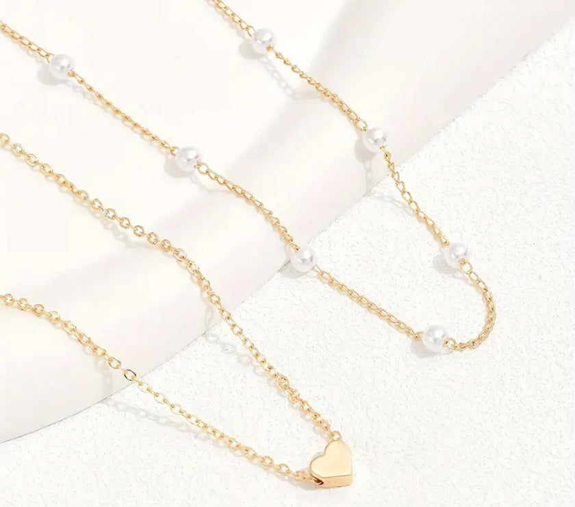 Gold Pearl Heart Chain Necklace