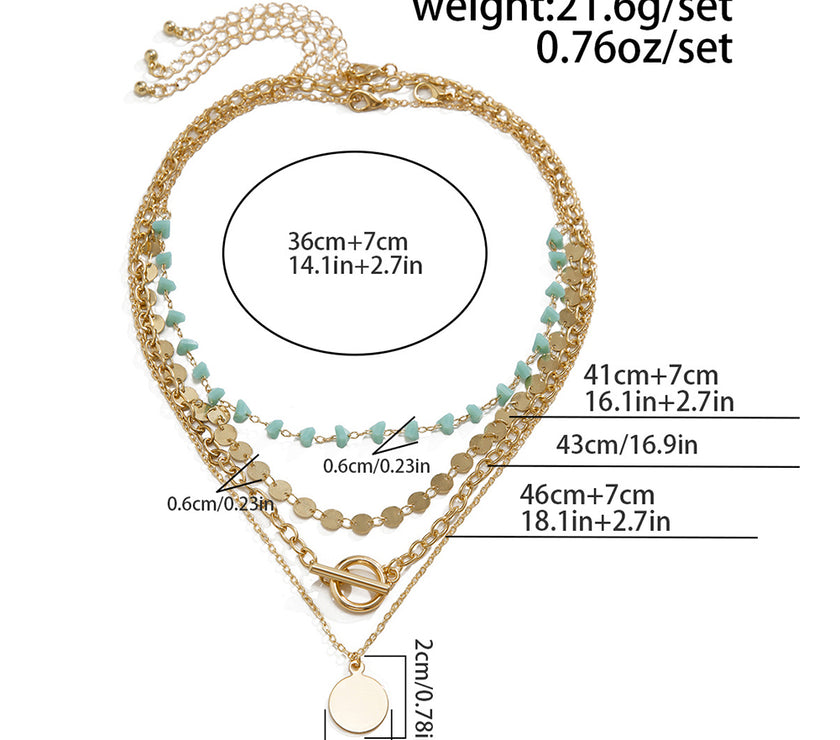 Gold Boho Circle Pendant Multi-Layered Necklace Set