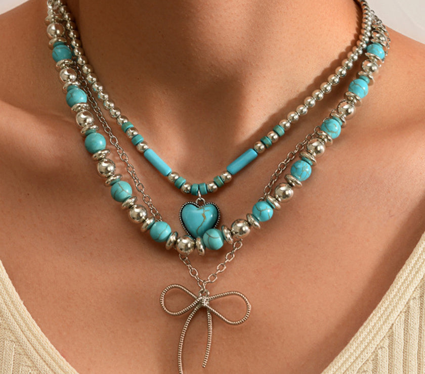 Silvery Bow and Heart Pendants Turquoise Beaded Multi-layered Necklace