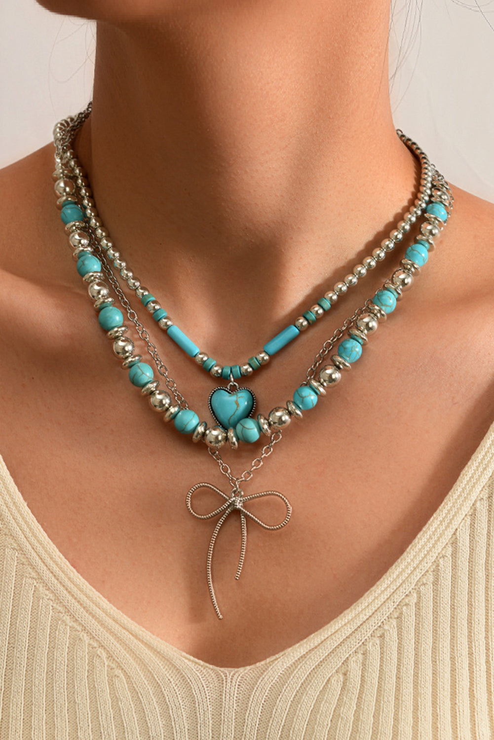 Silvery Bow and Heart Pendants Turquoise Beaded Multi-layered Necklace