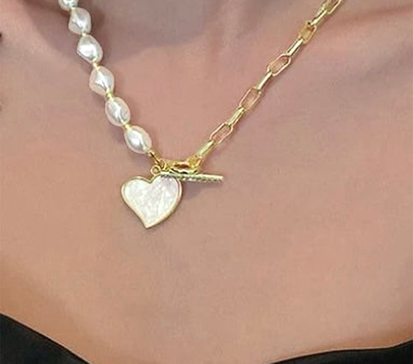 Gold Heart Shape Pendant Rhinestone Pearl Chain Necklace