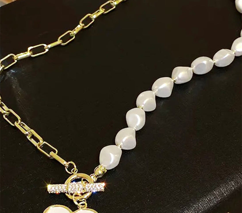 Gold Heart Shape Pendant Rhinestone Pearl Chain Necklace
