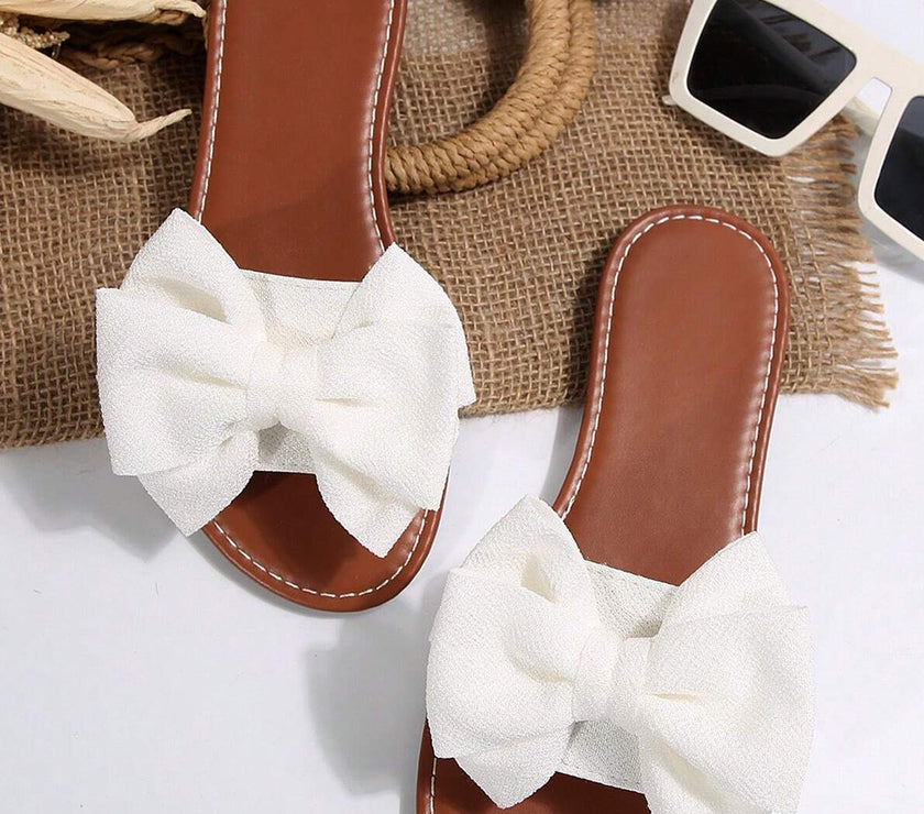 White Bow Decor Flat Slippers