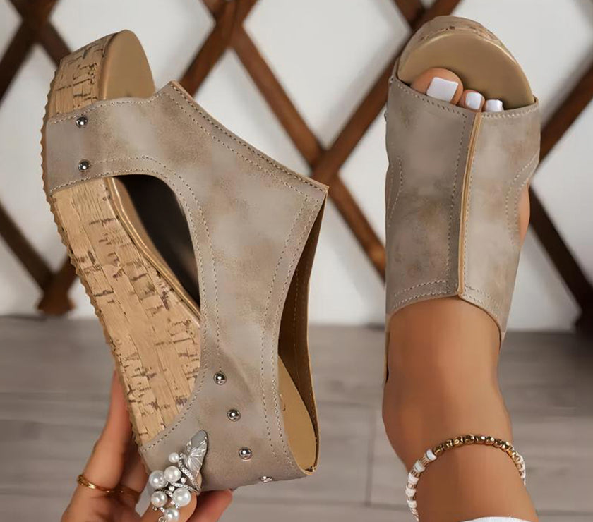 Gray Hollow Out Studded PU Leather Wedge Slides Shoes