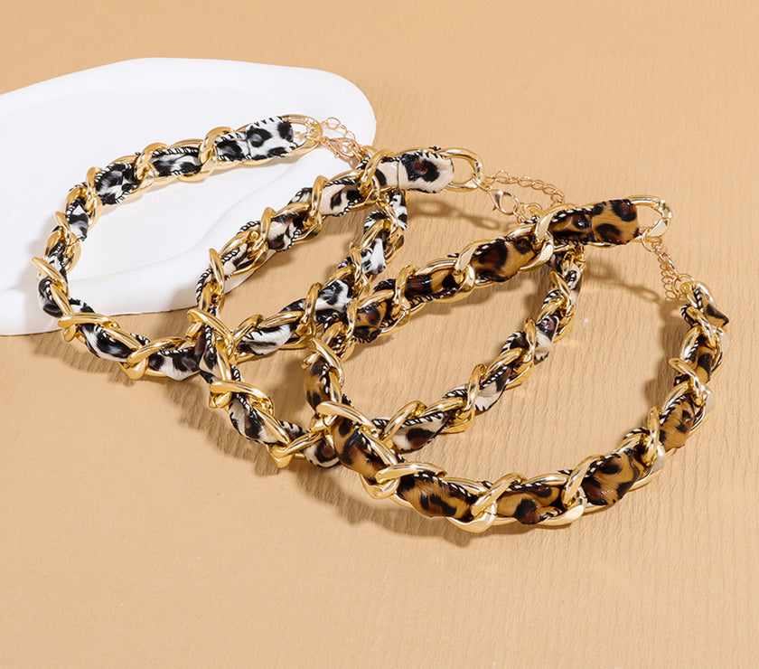 Cinnamon Leopard Print PU Chain Choker Necklace