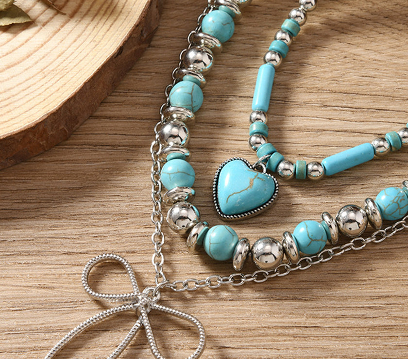Silvery Bow and Heart Pendants Turquoise Beaded Multi-layered Necklace
