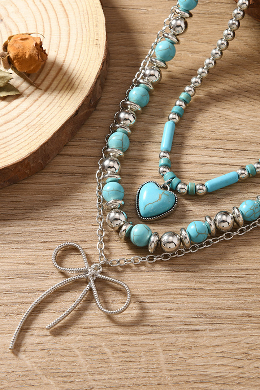 Silvery Bow and Heart Pendants Turquoise Beaded Multi-layered Necklace