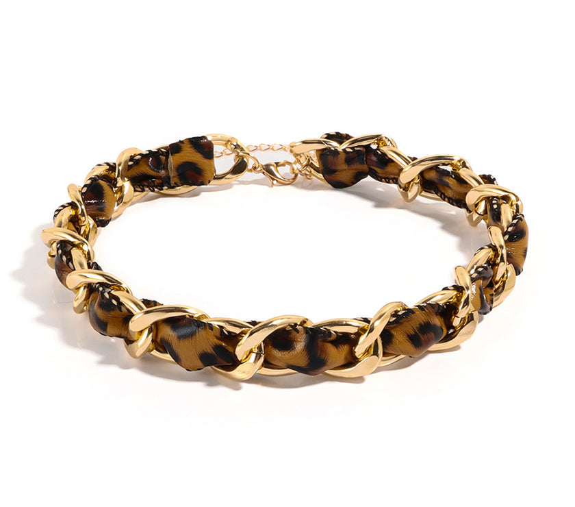 Cinnamon Leopard Print PU Chain Choker Necklace
