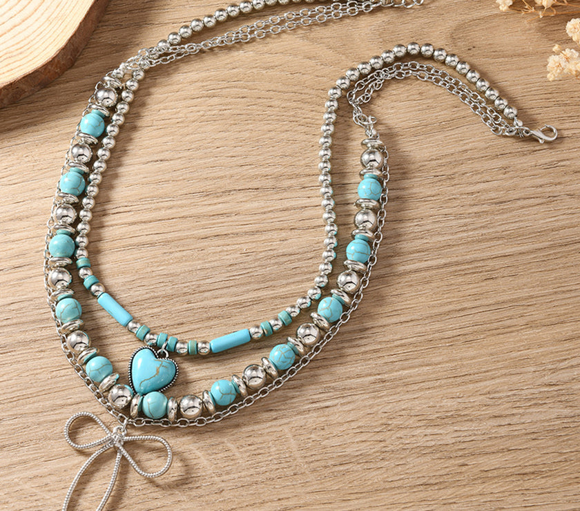 Silvery Bow and Heart Pendants Turquoise Beaded Multi-layered Necklace