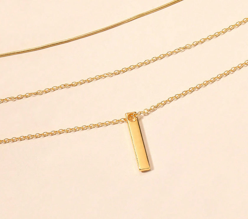 Gold Bar Pendant Layered Adjustable Chain Necklace