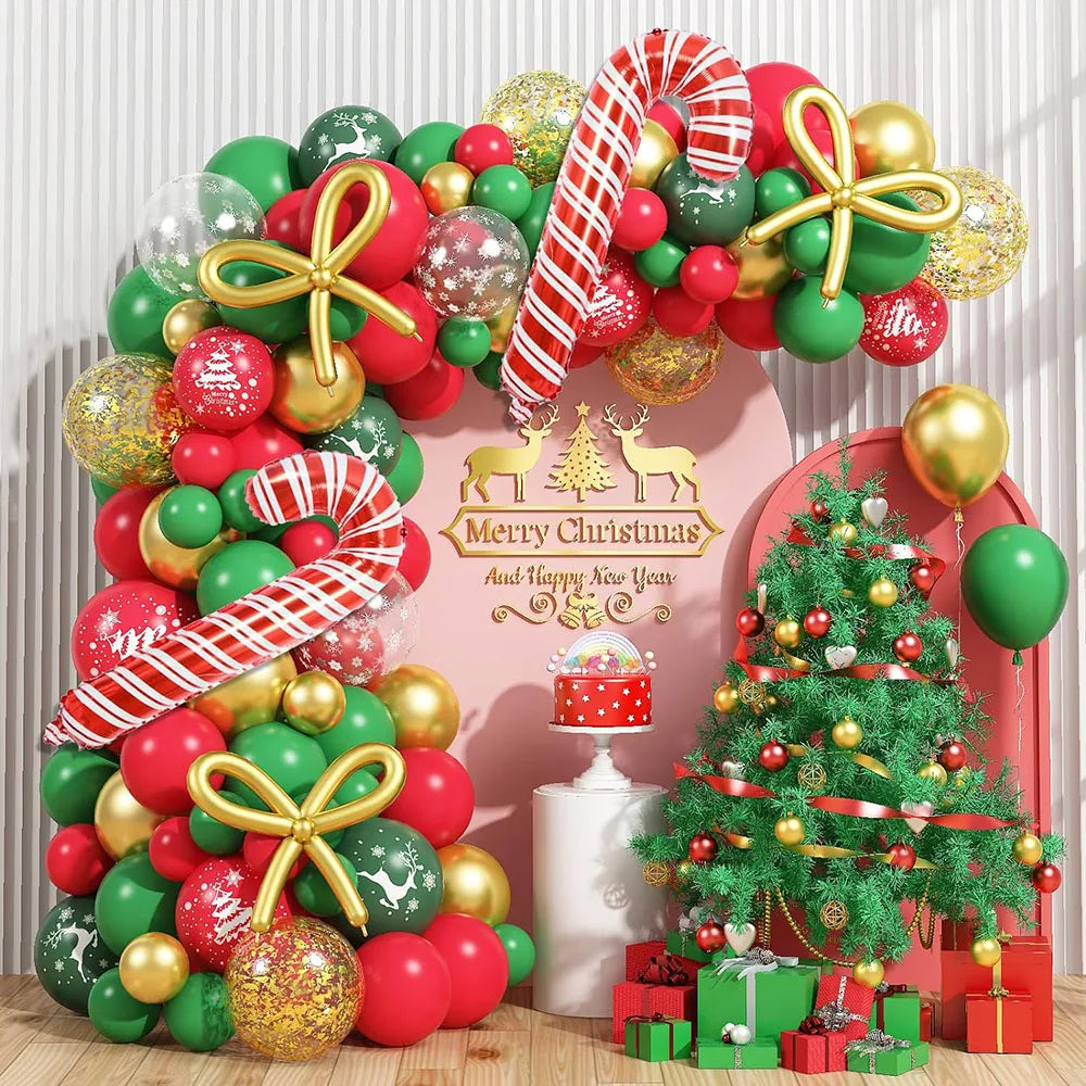 Christmas Balloon Garland, 110 Pieces Red Green Gold Confetti Balloon Arch, Christmas Decoration Christmas Tree Reindeer Snowflake Print Candy Cane Aluminum Foil Balloon, DIY New Year Bow Balloon