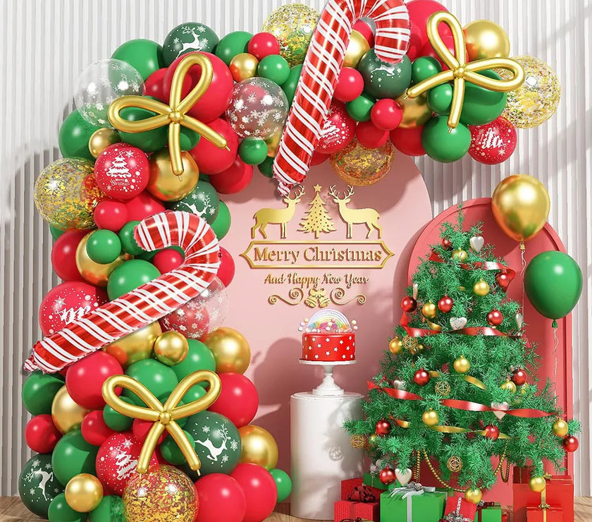 Christmas Balloon Garland, 110 Pieces Red Green Gold Confetti Balloon Arch, Christmas Decoration Christmas Tree Reindeer Snowflake Print Candy Cane Aluminum Foil Balloon, DIY New Year Bow Balloon