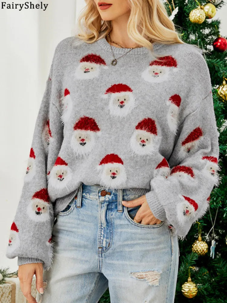 Fairyshely 2025 Autumn Winter Christmas Knitted Sweater Women Casual O Neck Pullover Lady Casual Long Sleeve Print Loose Jumper