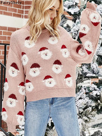 Fairyshely 2025 Autumn Winter Christmas Knitted Sweater Women Casual O Neck Pullover Lady Casual Long Sleeve Print Loose Jumper