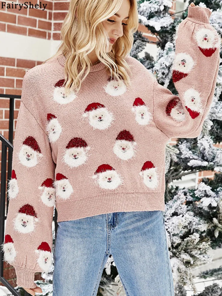 Fairyshely 2025 Autumn Winter Christmas Knitted Sweater Women Casual O Neck Pullover Lady Casual Long Sleeve Print Loose Jumper