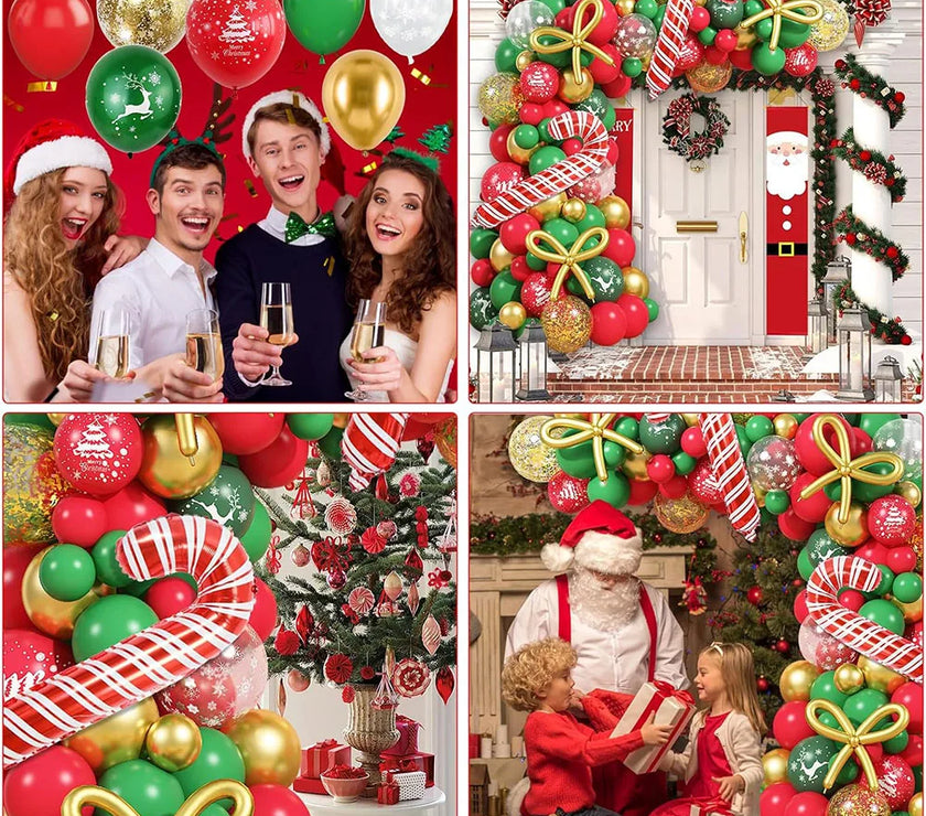 Christmas Balloon Garland, 110 Pieces Red Green Gold Confetti Balloon Arch, Christmas Decoration Christmas Tree Reindeer Snowflake Print Candy Cane Aluminum Foil Balloon, DIY New Year Bow Balloon