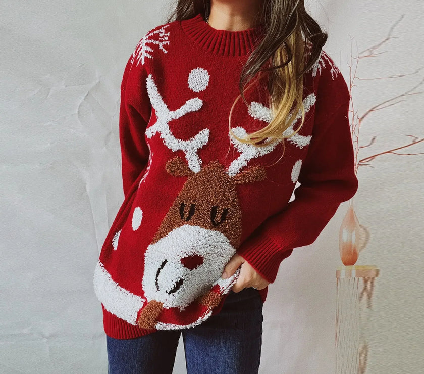 Sweater Women New Year Christmas Sweater Jumper O-Neck Fashion Casual Tops Thickened Raglan Sleeve Elk Christmas Tree Pullover