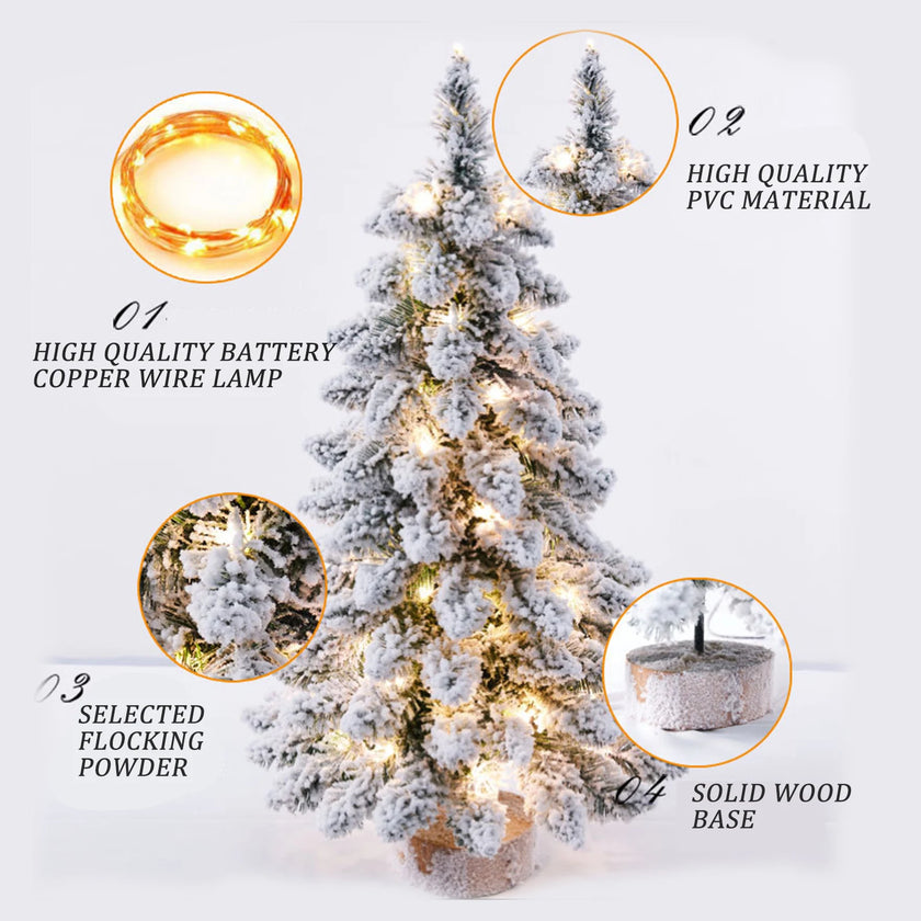 45cm Mini Christmas Tree with Snowflakes Flocked Tabletop Decor Lighted Xmas Tree with Wooden Base for Home Office Party Holiday