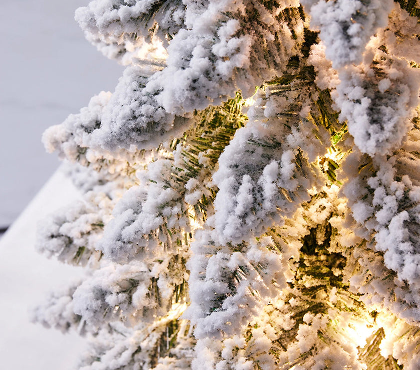 45cm Mini Christmas Tree with Snowflakes Flocked Tabletop Decor Lighted Xmas Tree with Wooden Base for Home Office Party Holiday