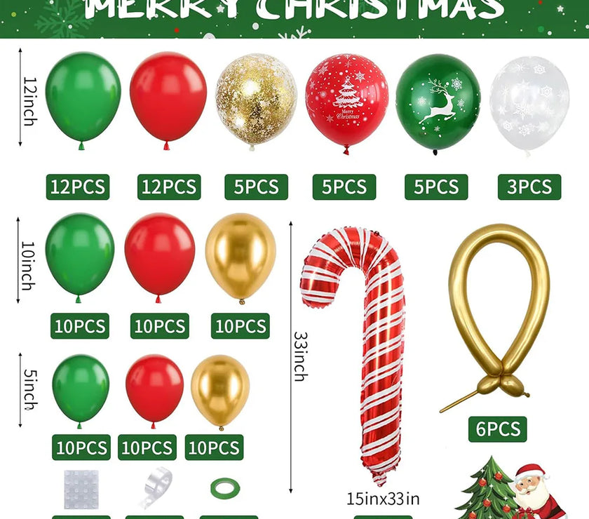Christmas Balloon Garland, 110 Pieces Red Green Gold Confetti Balloon Arch, Christmas Decoration Christmas Tree Reindeer Snowflake Print Candy Cane Aluminum Foil Balloon, DIY New Year Bow Balloon