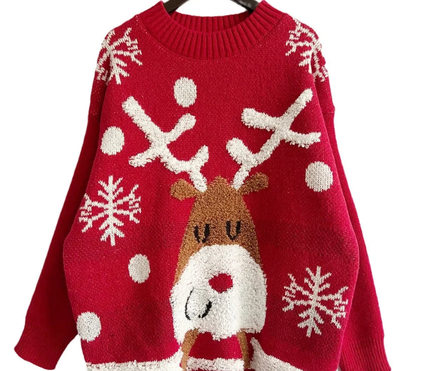 Sweater Women New Year Christmas Sweater Jumper O-Neck Fashion Casual Tops Thickened Raglan Sleeve Elk Christmas Tree Pullover