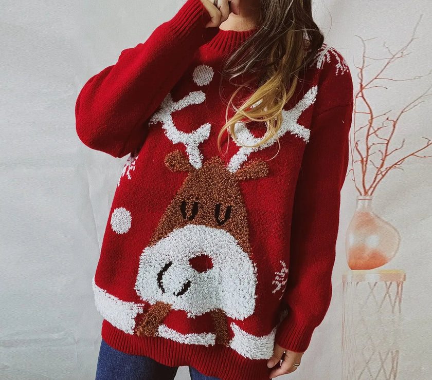 Sweater Women New Year Christmas Sweater Jumper O-Neck Fashion Casual Tops Thickened Raglan Sleeve Elk Christmas Tree Pullover
