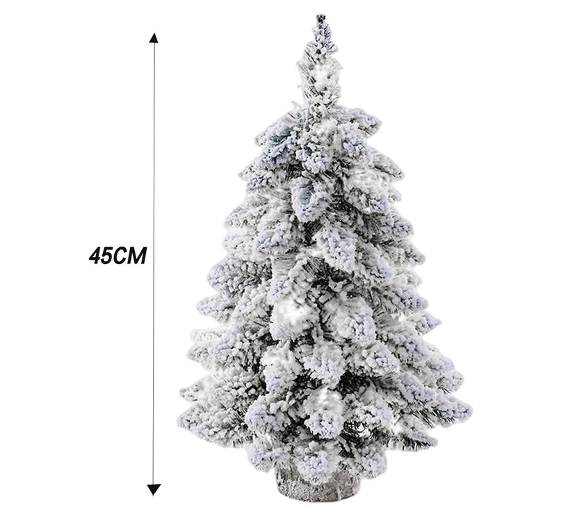 45cm Mini Christmas Tree with Snowflakes Flocked Tabletop Decor Lighted Xmas Tree with Wooden Base for Home Office Party Holiday