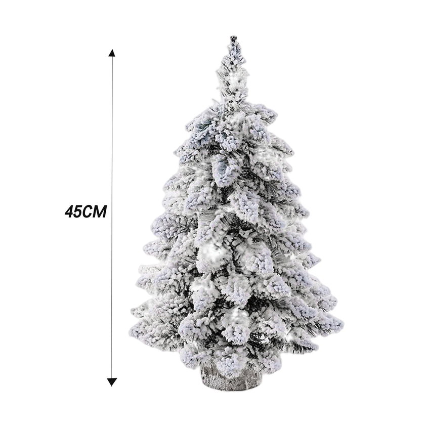 45cm Mini Christmas Tree with Snowflakes Flocked Tabletop Decor Lighted Xmas Tree with Wooden Base for Home Office Party Holiday
