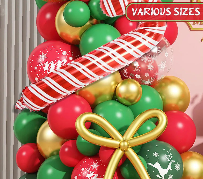 Christmas Balloon Garland, 110 Pieces Red Green Gold Confetti Balloon Arch, Christmas Decoration Christmas Tree Reindeer Snowflake Print Candy Cane Aluminum Foil Balloon, DIY New Year Bow Balloon
