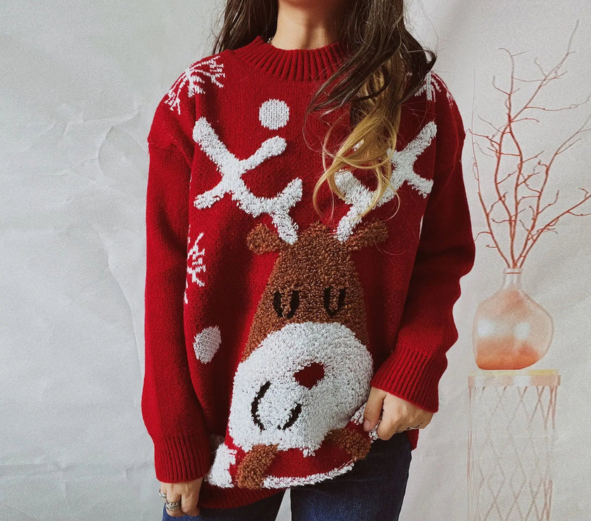 Sweater Women New Year Christmas Sweater Jumper O-Neck Fashion Casual Tops Thickened Raglan Sleeve Elk Christmas Tree Pullover