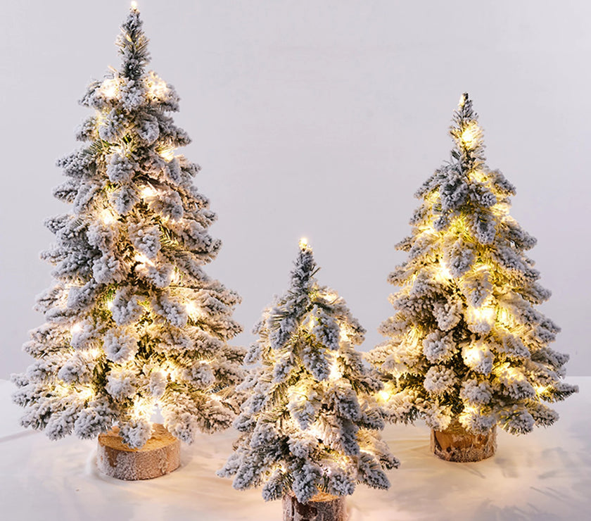 45cm Mini Christmas Tree with Snowflakes Flocked Tabletop Decor Lighted Xmas Tree with Wooden Base for Home Office Party Holiday