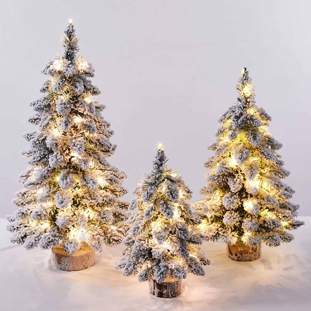 45cm Mini Christmas Tree with Snowflakes Flocked Tabletop Decor Lighted Xmas Tree with Wooden Base for Home Office Party Holiday